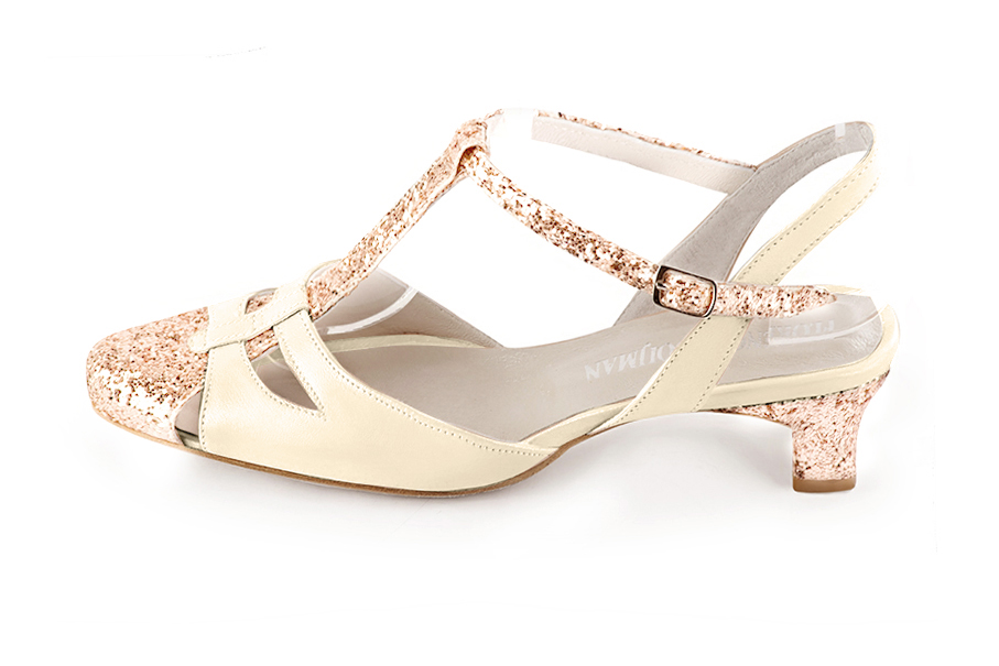 French elegance and refinement for these powder pink and off white dress open back T-strap shoes, 
                available in many subtle leather and colour combinations. Its comfortable fit will accompany you until the end of the night.
Its charming, playful cutout gives you plenty of customization options.  
                Matching clutches for parties, ceremonies and weddings.   
                You can customize these shoes to perfectly match your tastes or needs, and have a unique model.  
                Choice of leathers, colours, knots and heels. 
                Wide range of materials and shades carefully chosen.  
                Rich collection of flat, low, mid and high heels.  
                Small and large shoe sizes - Florence KOOIJMAN